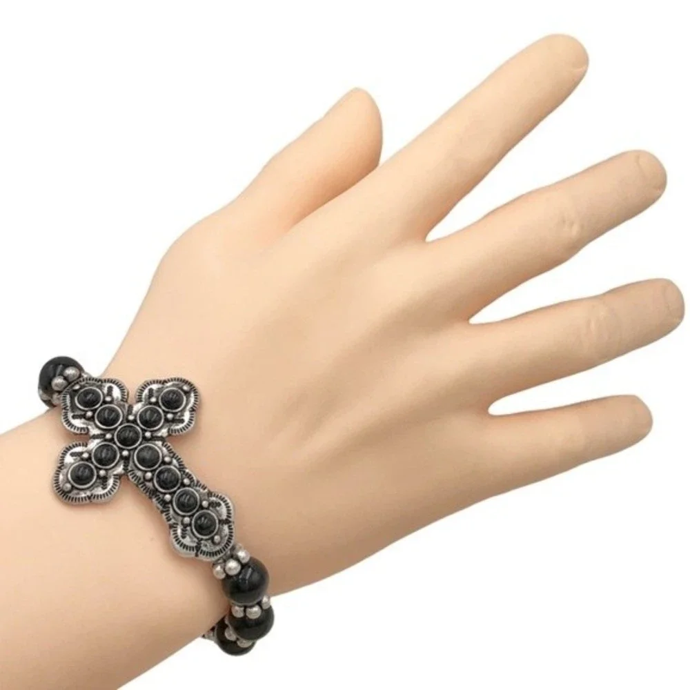 🌼 Black Sideways Cross Beaded Stretch Bracelet
